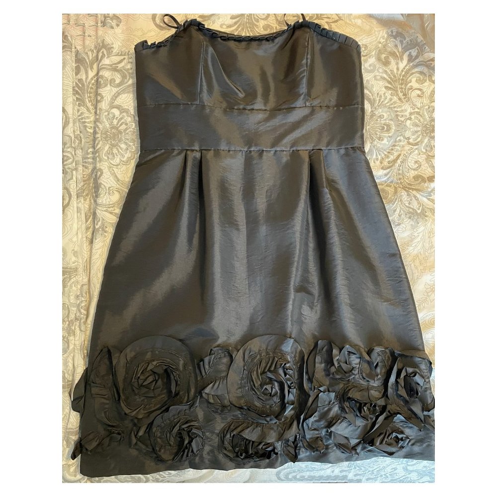 Max and Cleo Black Strapless Cocktail dress with black florettes along bottom.